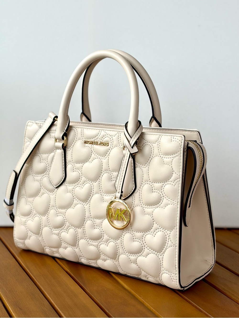 Michael Kors Cream Quilted Heart Satchel with Gold MK Charm